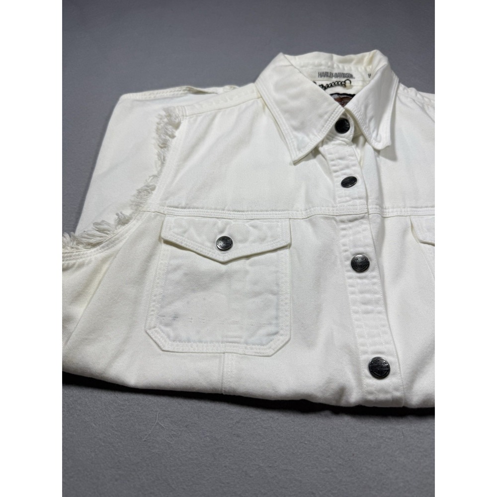 100% Cotton Harley Davidson Embroidered Women's White Cut Off Vest Size L Moto - Picture 9 of 10